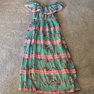 Floral Ruffle Maxi Dress in Green and Pink